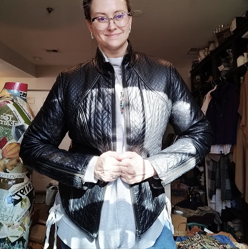 Vintage Moda International quilted real leather Fitted moto jacket Womens XL